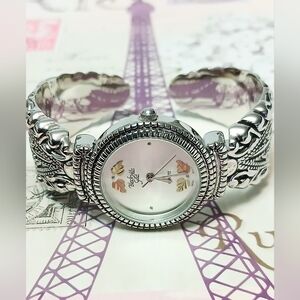 Antiqued Silver Black Hills Gold Cuff-watch     With 4 Gold Leaves Within